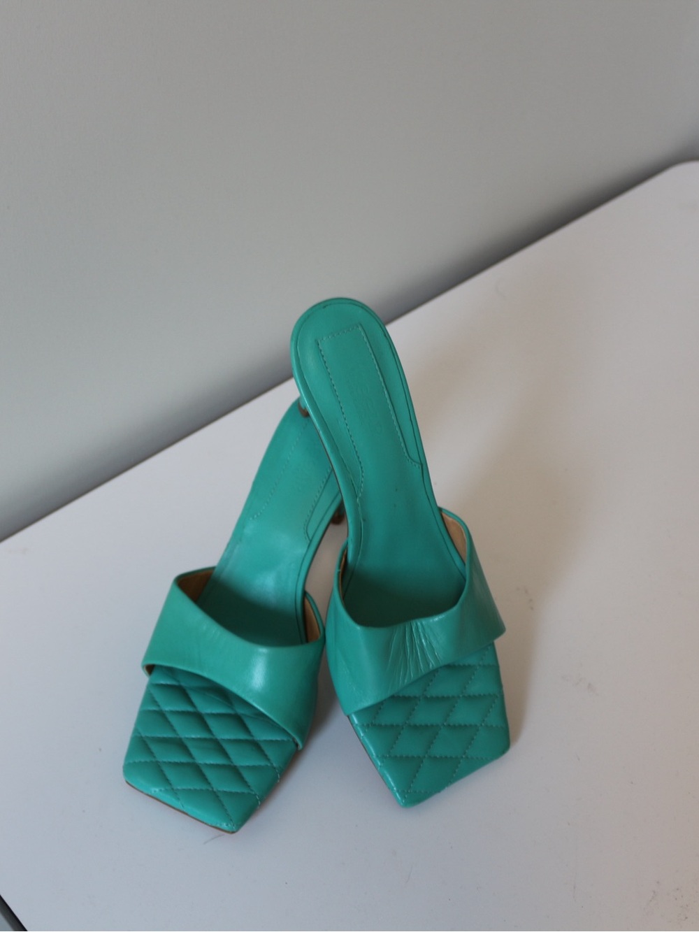 Teal Quilted Square-Toe Mule Heels | JAGGAR